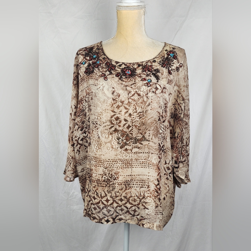 Chico's 100% Silk Embellished Boxy Dolman Brown Lightweight Top sz 2 (L/12)